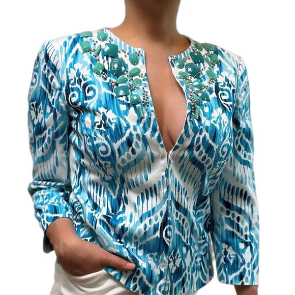 Peck & Peck Vintage Watercolor Print Embellished Jacket/6 - Picture 4 of 8